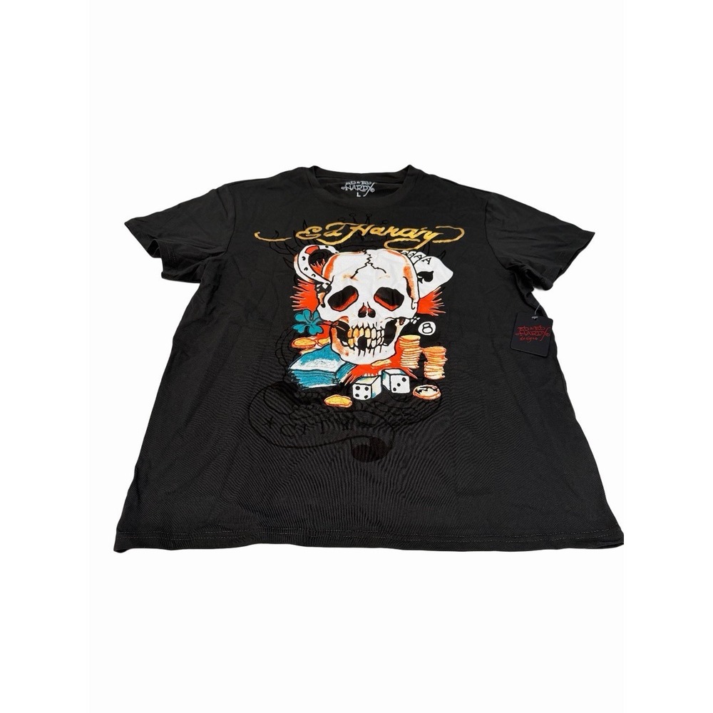 Ed Hardy Men's Short Sleeve T-Shirt Dice  Skull Size L Charcoal New